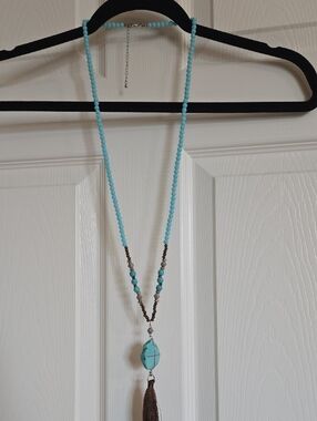 Turquoise Bead Tassel Pendant Necklace - Women Jewelry
